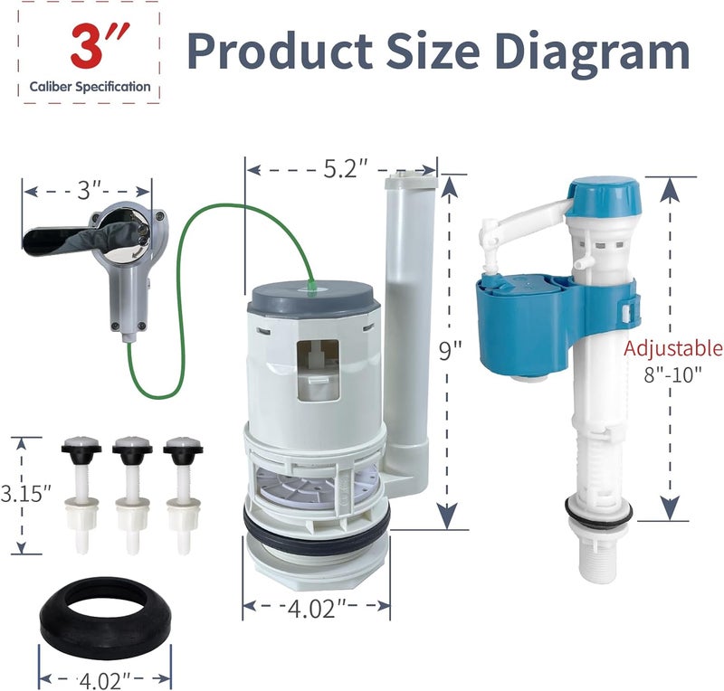Vootenec Toilet Tank Replacement Kit for Lever-Handle Toilets - Includes Water-Saving 3-Inch Dual Flush Valve Replacement with Integrated Handle, Adjustable Fill Valve - Image 3